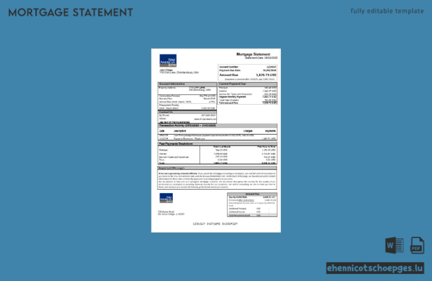 USA First America Bank Hypothekenabrechnung in Word- und PDF-Formaten – Beispielvorschau
